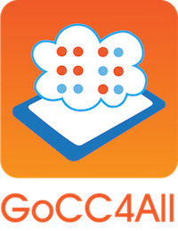 GoCC4All logo: A tablet lays horizontally on an orange background. A cloud floats over the tablet. Inside the cloud, the word “go” is written in braille.